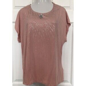 Ruby Rd. T-Shirt Womens Plus Size 1X Pink Studded Neck Star Burst Silver